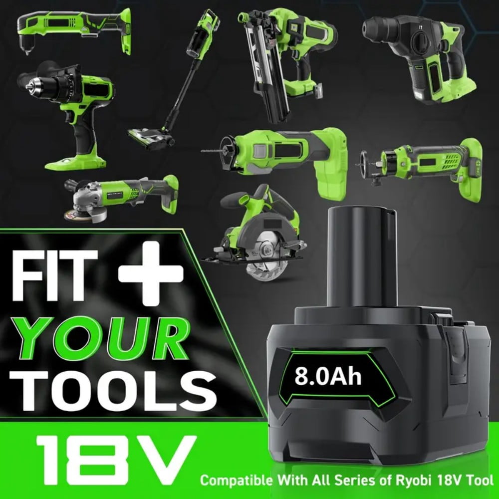 2 Packs Upgraded 8.0Ah P108 18Volt Replacement for Ryobi 18V Battery Lithium Ion P108 P102 P103 P104 P105 P107 P122 Cordless Tool Battery with LED Indicator