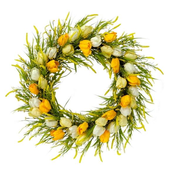 Puleo International 30" Artificial Tulip Floral Spring Door Wreath, Green/Yellow