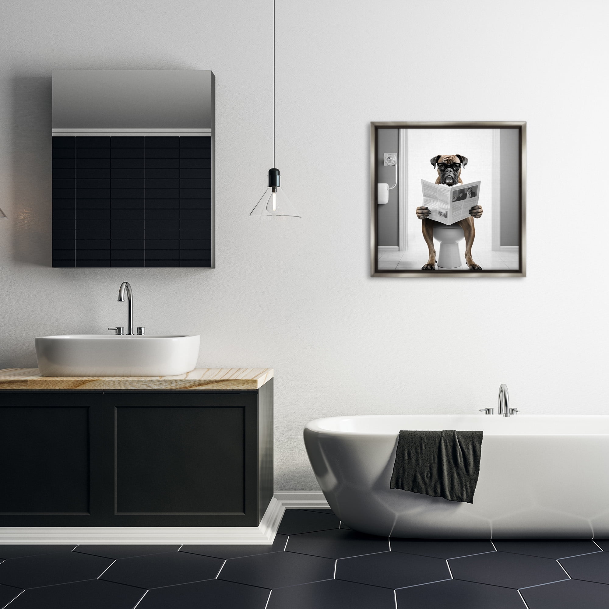Stupell Industries Boxer Dog & Newspaper Animals & Insects Painting Gray Floater Framed Canvas Art Print Wall Art, 25 x 25
