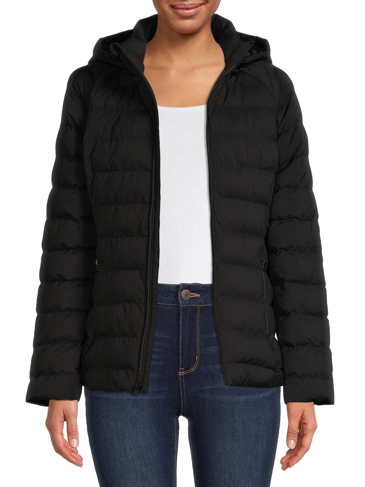 Time and Tru Women's and Plus Packable Stretch Zip Up Puffer Jacket -  