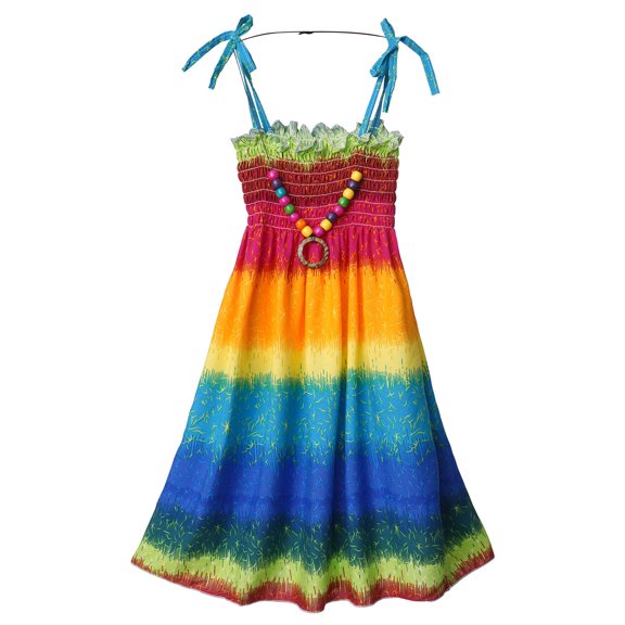 Zaldita Kids Girls Summer Casual Bohemian Dress Floral Sleeveless Rainbow Beach Sundress with Necklace Party Dresses A Rainbow Color 3-4