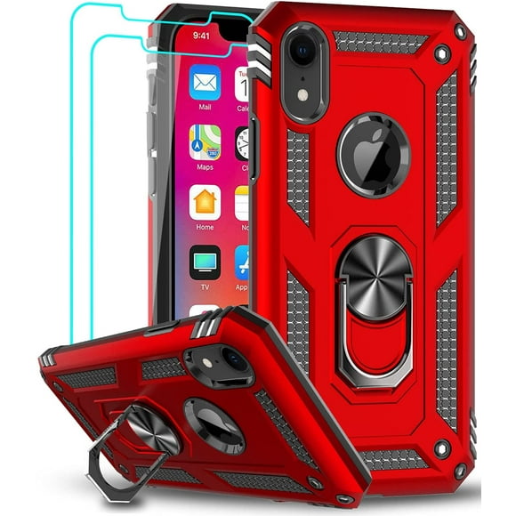 FYBTO Compatible for iPhone XR Case with [2PCS] Tempered Glass Screen Protector for Women Men Teens, [Military-Grade] Protective Phone Case with Ring Kickstand for FYBTO iPhone XR 10 10 XR, Green