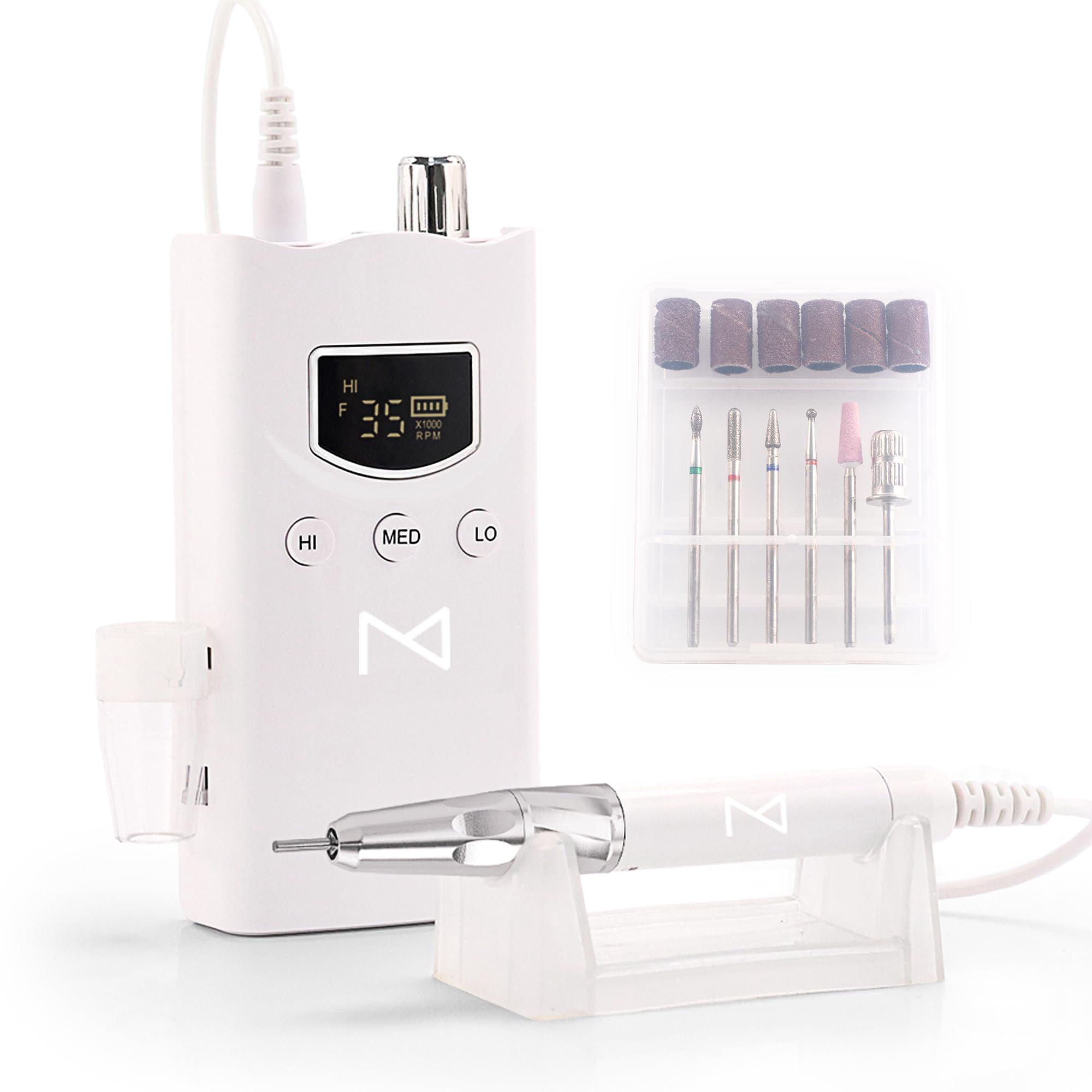 M GEM - Professional Brushless 35k RPM Nail Drill E-File - 3 Adjustable RPM Zones, Forward/Reverse, Long Battery Life - Salon-Grade Nail Care Tool (White)