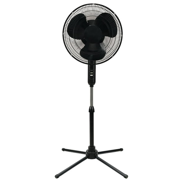 Ventilador de pedestal oscilante EZ-CHILL de 16", opciones de 3 velocidades, cabezal oscilante de 90 grados, altura e inclinación ajustables, potente flujo de aire, negro, MTFS-16B-BLK