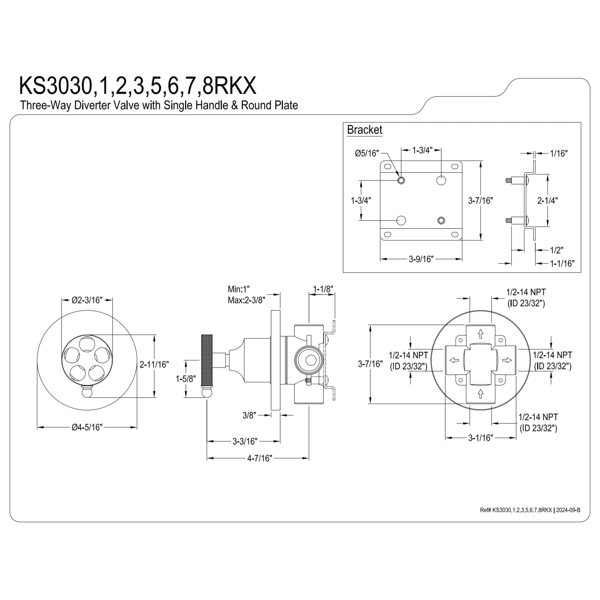 Kingston Brass KS3037RKX Webb Single-Handle Three-Way Diverter Valve with Round Trim Kit, Brushed Brass