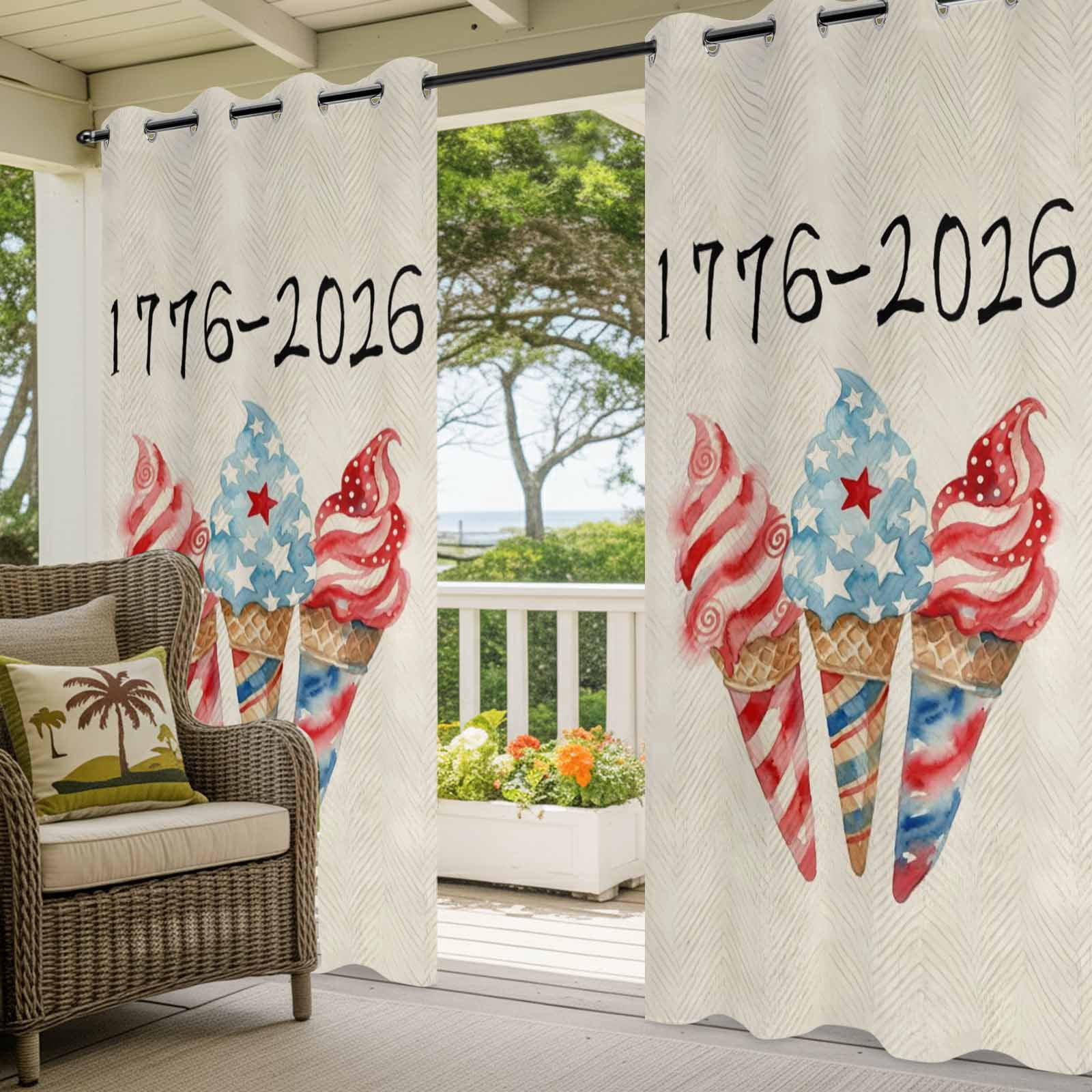 Independence Day Ice Cream Outdoor Curtains for Patio, 4th of July Patriotic Red Blue Star Ice Cream Sunshade Privacy Drapes Grommet Waterproof Outside Curtains for Porch Balcony 54"x108", 1 Panel