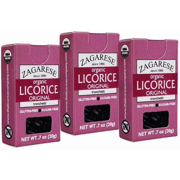 ZAGARESE 100% pure Organic Licorice extr., hard little Bits, 0.7 oz flip top box, Set of 3