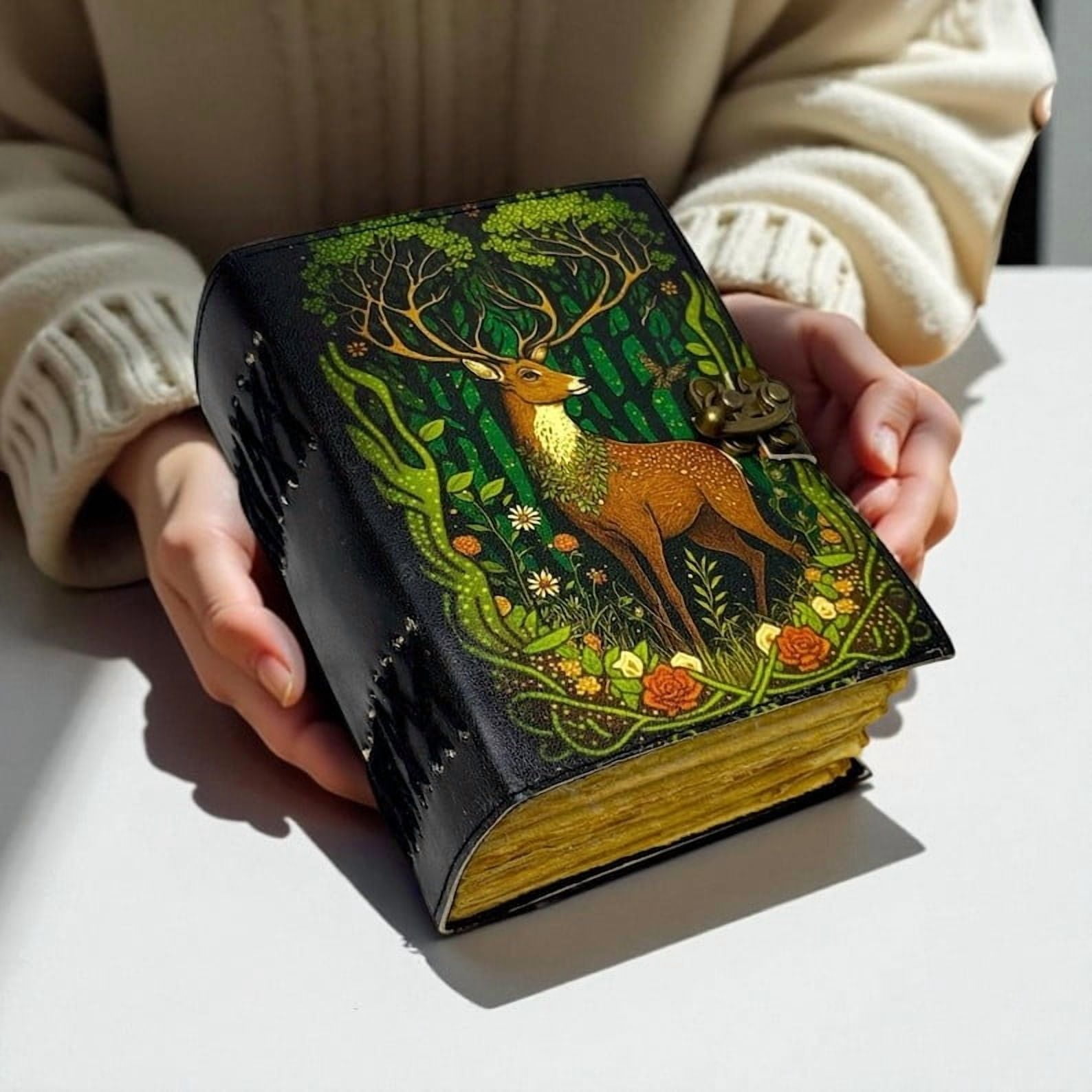 Handmade Leather Journal – Forest Deer Design, 5x7 in, 200 Handmade Deckle Pages, Vintage Clasp, Aesthetic Writing Notebook