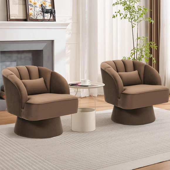 Modern Swivel Barrel Accent Chair, 360 Degree Velvet Upholstered Armchair with Striped Backrest & Plush Padding, Comfy Round Lounge Chair for Living Room, Bedroom, Reading Nook, Brown 2 PCS