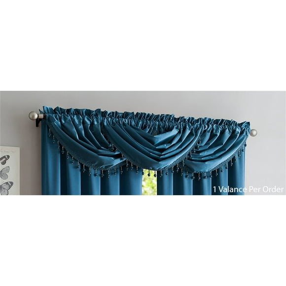 Bridget Crushed Satin Waterfall Valance With Decorative Fringe, Smoke Blue, 48x37 Inches