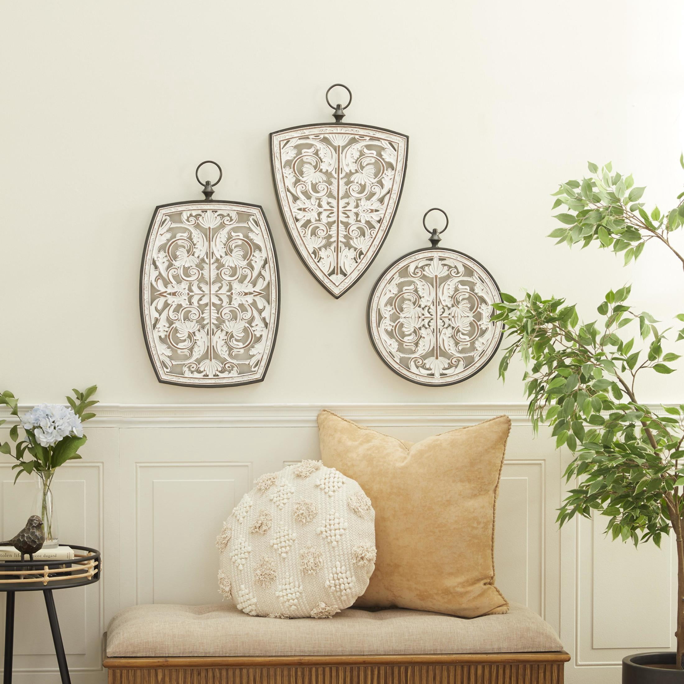 DecMode White Wooden Carved Scroll Wall Decor with Gray Geometric Metal Ring Frames (3 Count)