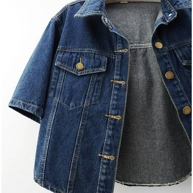 ♥ Denim Short Jacket/追跡付 VKOYWKM Womens Short Sleeve Denim Jacket Colloared Button