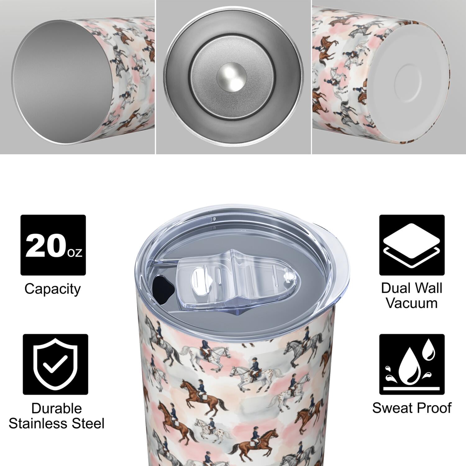 20oz Stainless Steel Skinny Tumbler, Double Wall Travel Mug with Lid and Straw,Horse Equestrian Pink Pattern