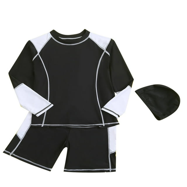 Toddler Bathing Suit Boys Two Piece Long Sleeve Sun Protection Quick Dry Simple Patchwork Swimsuit Set Beach Rash Guard Swimwear Maillot De Bain Garcon Black 10 Years-12 Years
