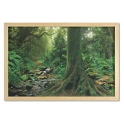 Forest Wall Art with Frame, Rain Woodland Scenery River in the North Forest in the Early Morning Humid Fog Print, Printed Fabric Poster for Bathroom Living Room, 35" x 23", Green, by Ambesonne