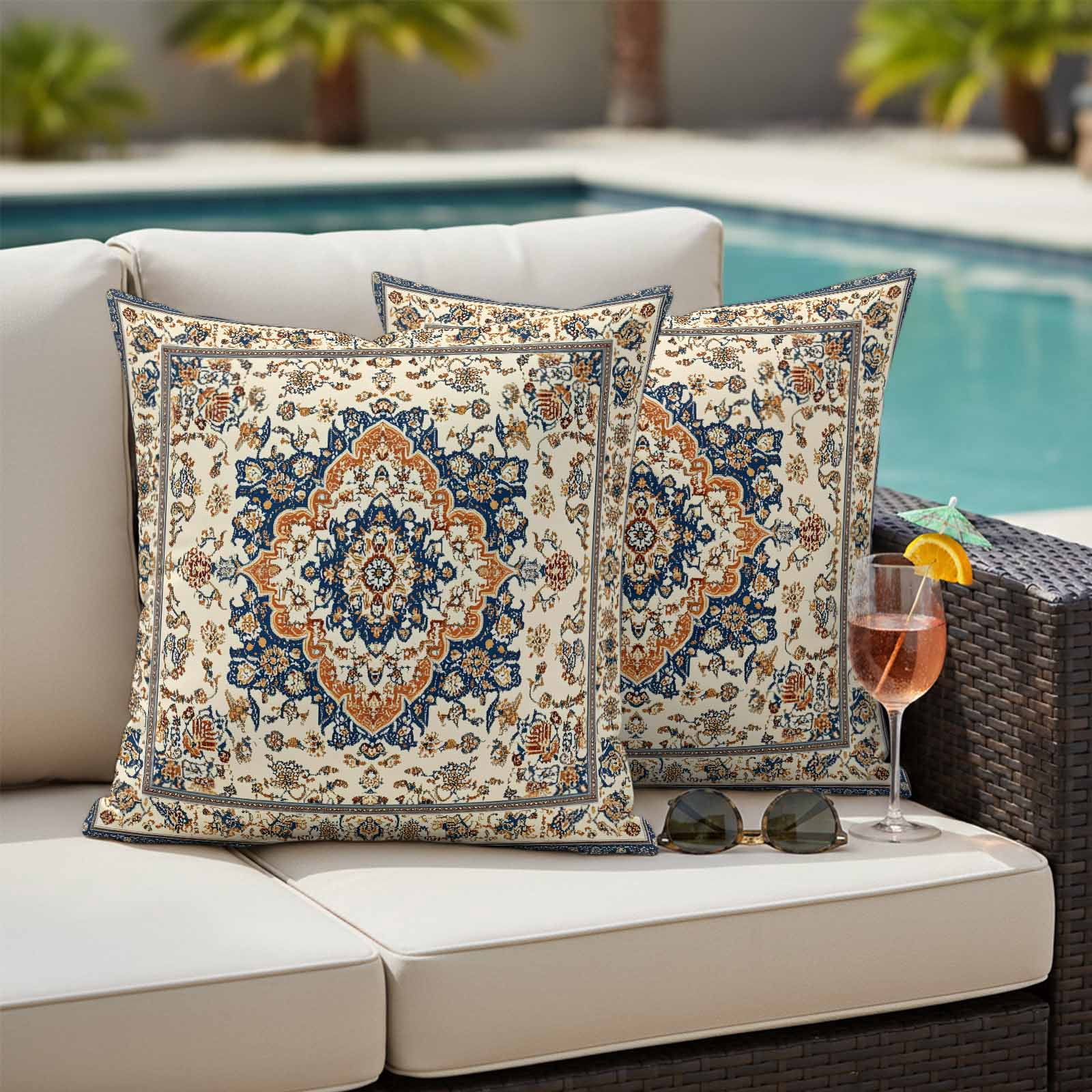 Vintage Ethnic Floral Pillow Covers 2 Pack Retro Brown Classical Bohemian Style Pillowcase Waterproof Outdoor Throw Pillow Cover for Patio Garden Square Cushion 16”x16”