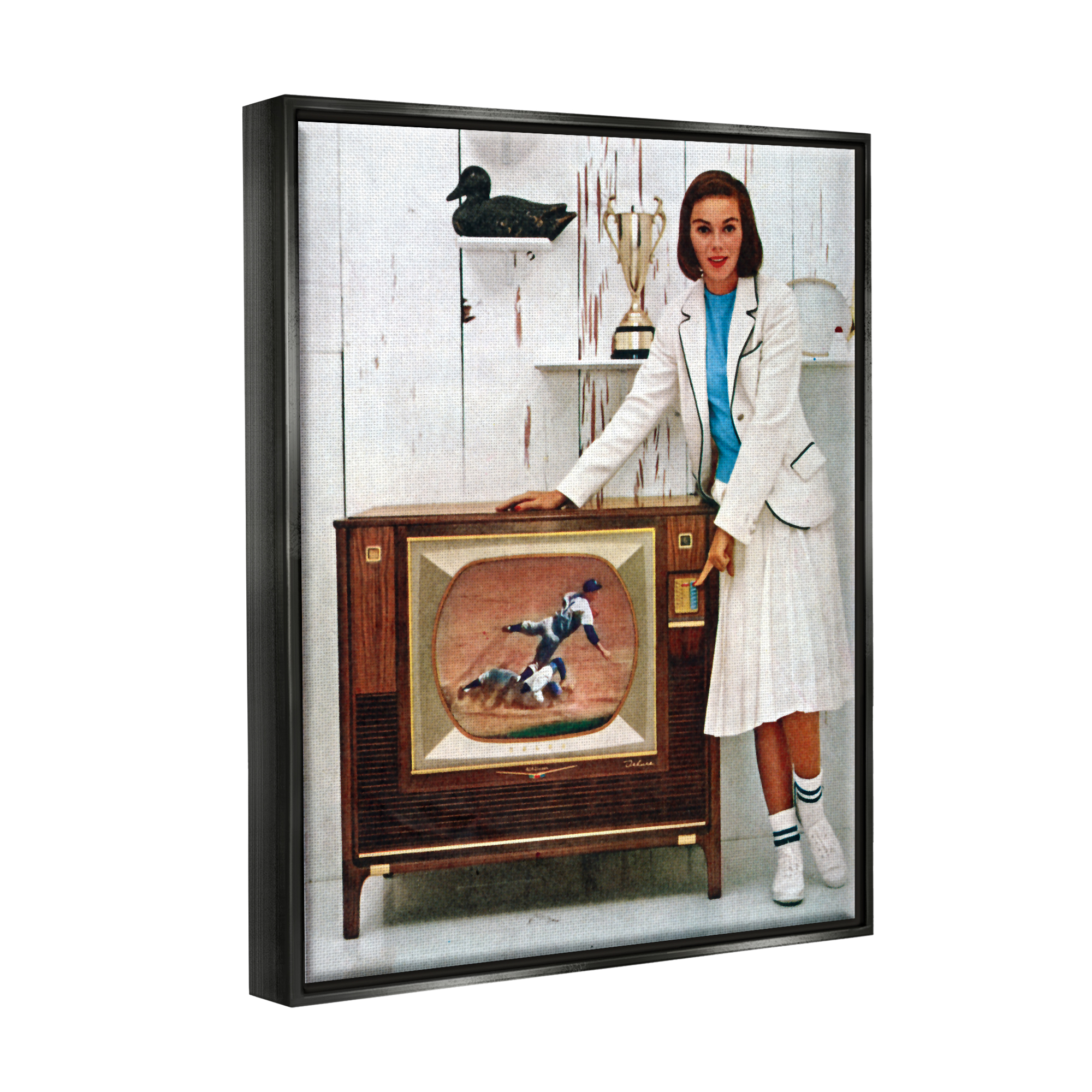 Stupell Industries Vintage Sports TV Ad Woman Beauty & Fashion Painting Black Floater Framed Art Print Wall Art