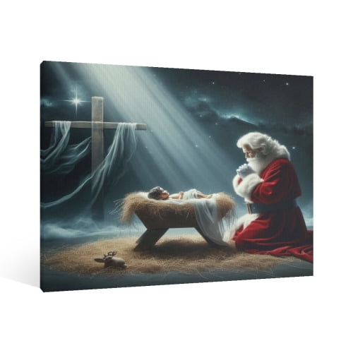Vintage Christmas Santa Claus and Jesus Nativity Wall Art Paint Framed - Xmas Festive Winter Holiday Christmas Wall Decor Canvas Print for Living Room Kitchen Bathroom Home Bedroom Decor
