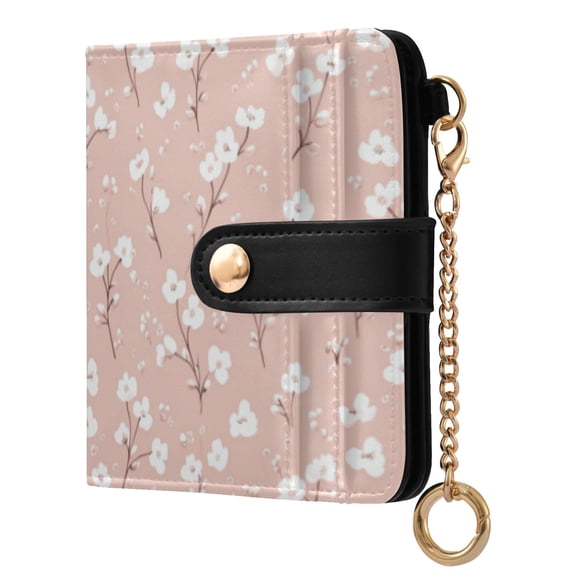 Qxltty Pattern with Small White Flowers on Pink Background Ladies Wallet Rfid Slim Thin Compact Credit Card Women Wallet Zipper Coin Pocket and ID Window for Female Gifts