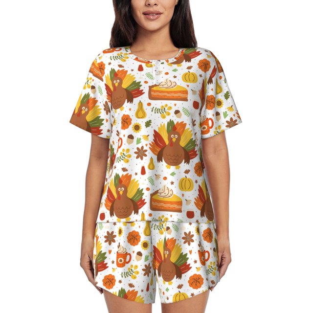Fotbe Thanksgiving With Turkey Conjunto de Pijama Estampado para Mujer, 2 Piezas, Ropa de Dormir con Camiseta de Manga Corta y Shorts Suaves-Medium
