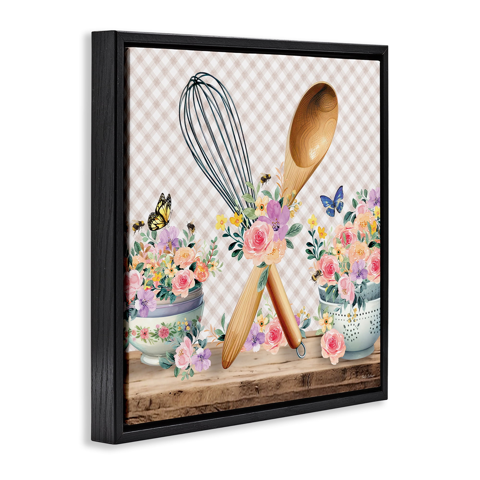 Stupell Industries Crossed Utensils on Gingham Food & Beverage Painting Black Floater Framed Canvas Art Print Wall Art, 18 x 18