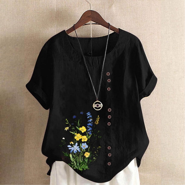 TaTaai Casual Printed Button Blouse, Women's Short Sleeve Linen Feel T-Shirt, Comfortable Top for All Seasons Gift