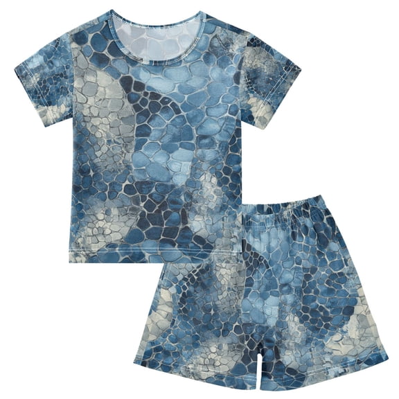 Blue Snake Skin Vintage Pajamas Set Short Sleeves Sleepwear Top with Shorts Loose Fit Lounge Wear Unisex 5Y