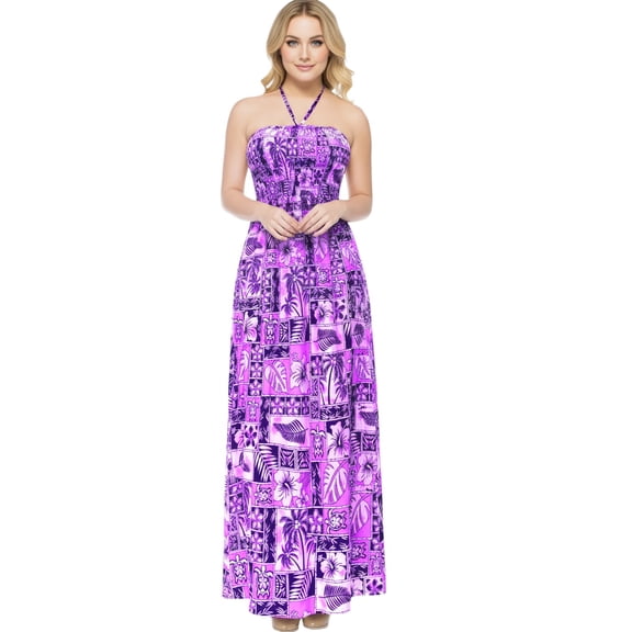 HAPPY BAY Women's Summer A-Line Maxi Beach Dress Boho Smocked Top Evening Long Strapless Tube Dresses for Women One Size Berry, Tropical