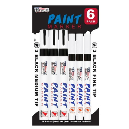 Fabric Paint Pens (U.S. Art Supply Set of 6 Black Oil Based Paint Pen Markers, 3 Medium and 3 Fine Point Tips - Permanent)