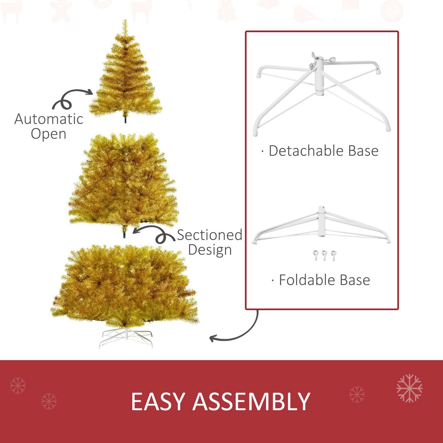 Homcom Arbre de Noël artificiel de 2,1 m Arbre de Noël doré pour décorations de fête de carnaval de vacances avec embouts de branche pour une utilisation en intérieur