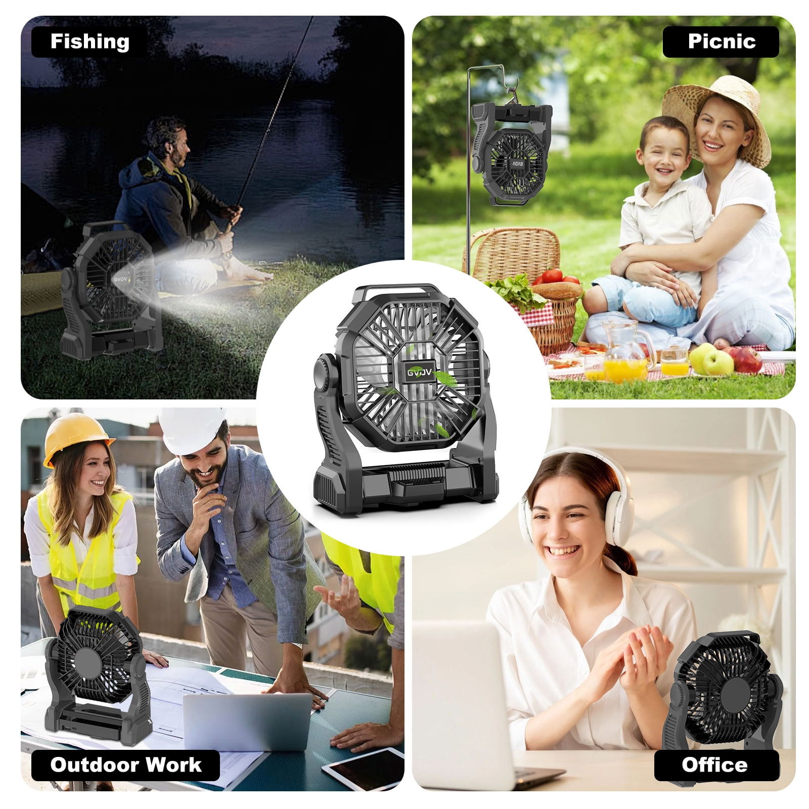 GVDV Camping Fan with LED Lantern, Portable Battery Operated Outdoor Fan, Personal Rechargeable Desk Fan for Travel, Hiking, Fishing, Picnic