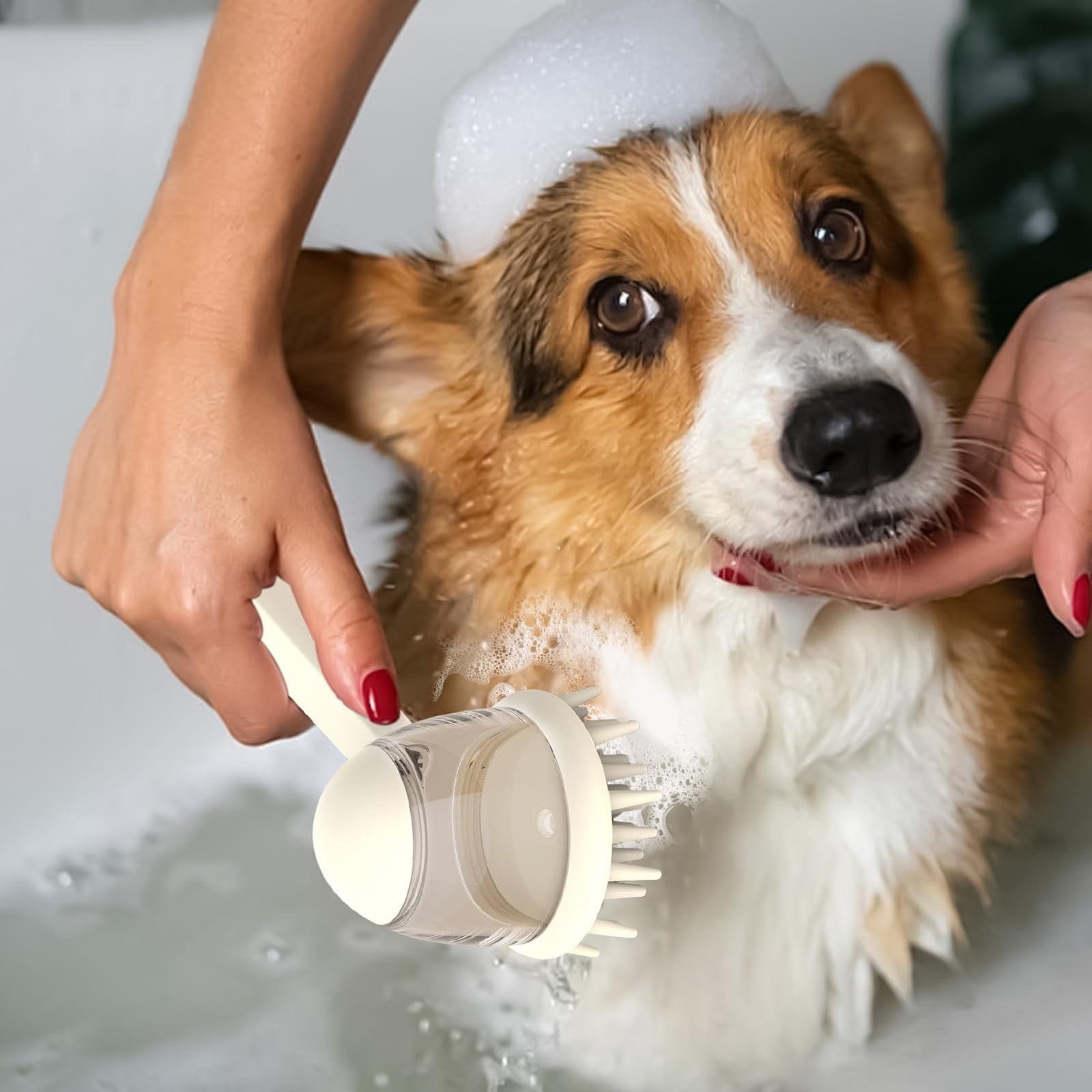 Dog Bath Brush With Soap Dispenser Ergonomic Pet Grooming Tool For Bathing
