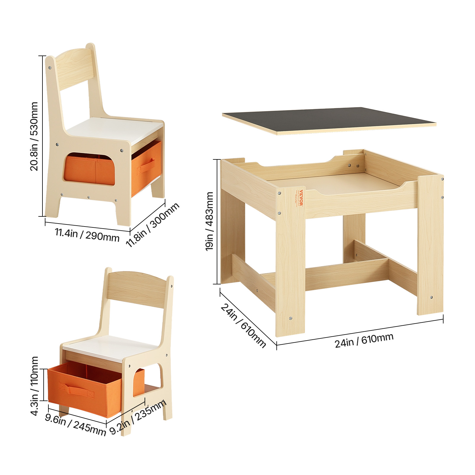 VEVOR Kids Table and 2 Chairs Set, Toddler Table and Chair Set with Storage Space under the Table, Cloth Storage Box under the Chairs, Wooden Desk for Art, Craft, Reading, Learning, Drawing