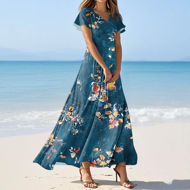 WILLBEST Vestidos Casuales para Mujer Verano Vestido de Verano para Mujer Vestido Vintage de Longitud Media Estampado Floral Manga Corta Cuello En V Primavera Chica