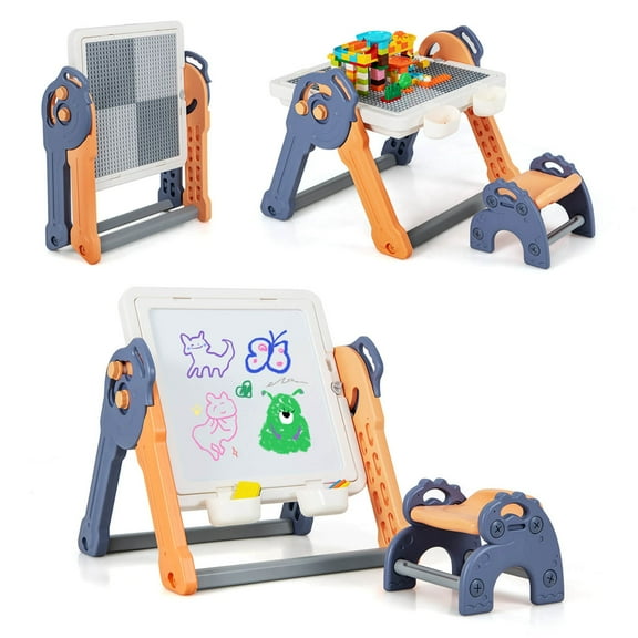 Costway 6-in-1 Multi-activity Kids Play Table & Chair Set with 102 PCS Compatible Bricks
