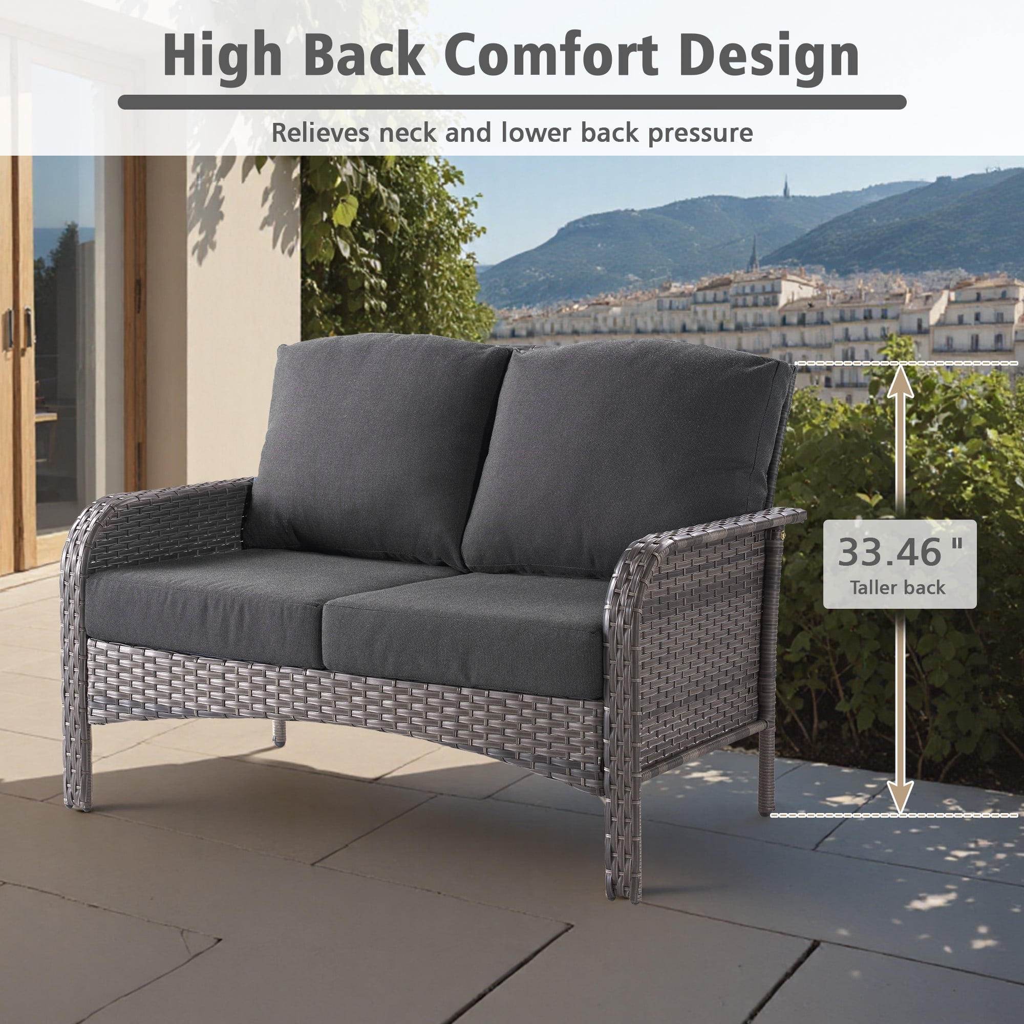 Ovios 2 Pieces Outdoor Patio Furniture High Back Wicker Rattan Outdoor Sectionals Set with Table for Backyard Balcony