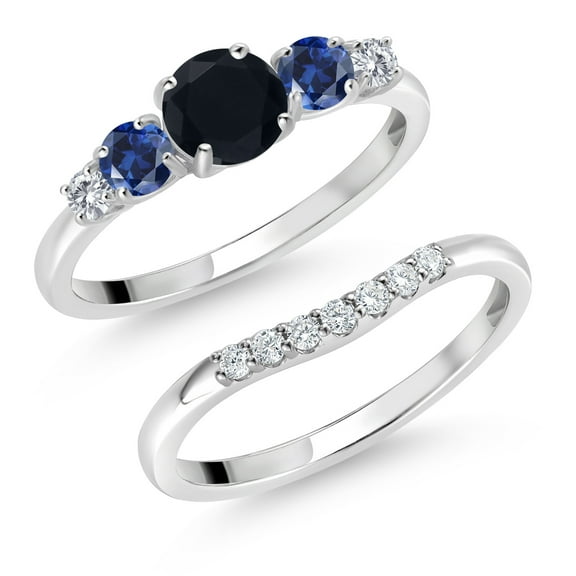 Gem Stone King 10K White Gold Black Onyx Blue Created Sapphire and White Lab Grown Diamond 5 Stone Bridal Engagement Wedding Ring Set for Women (0.86 Cttw, Round: 5MM and 3MM, Size 9)