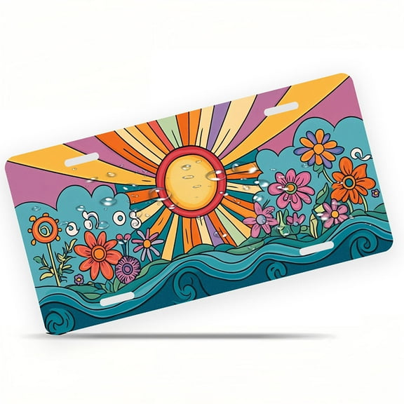 Hippie style Sun and Flowers Funny Personalized License Plate Rust-proof Stainless Steel Metal License Plate Suitable For Men And Women 12.2" x 6.2"