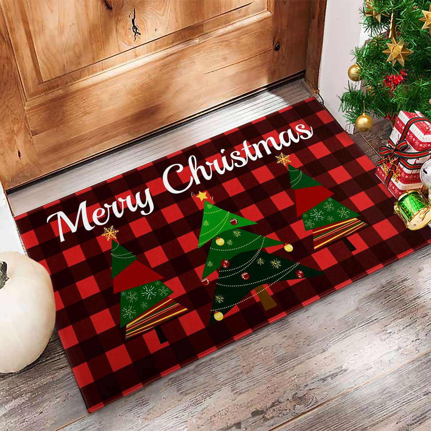 Indoor Doormat Front Door Mats,Christmas Dwarf Red Buffalo Plaid Water  Absorbent Non Slip Entrance Rugs,Winter Snowflake Green Tree Gift Floor  Bath