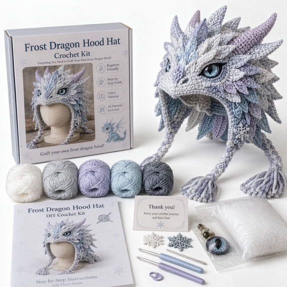QIUXUJ - Fantasy Hood Hat DIY Crochet Kit Series | Complete Great Experience, Tutorial Guide, Yarn & Hook, Cute Halloween Beanie with Ear Charming Gift for Adults (Dragon)