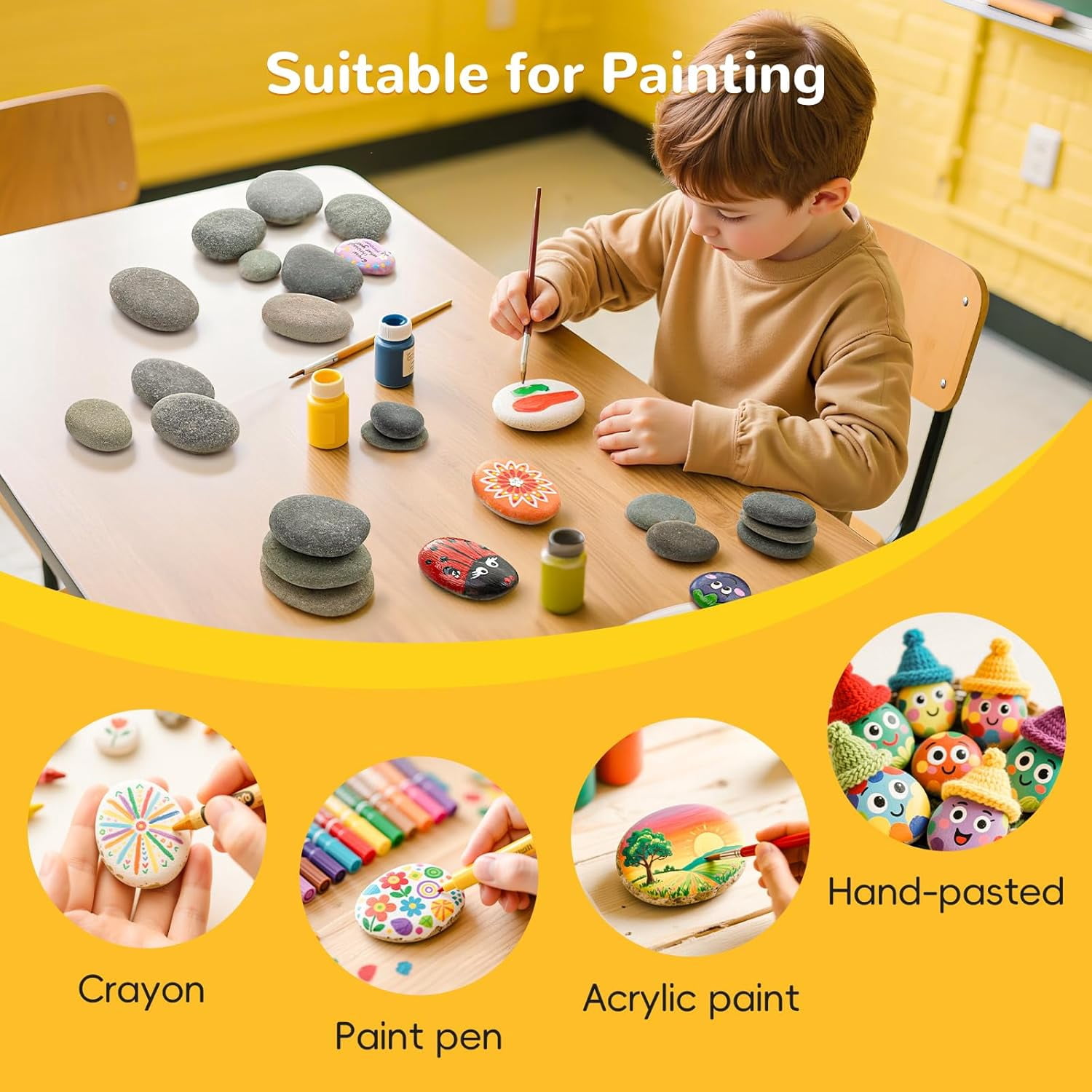100pcs 1.5-3in River Rocks for Painting,2 Sizes Flat Smooth Rocks for Arts & DIY, Kindness Rocks, Paint Stones for Craft (50pcs Each Size: 1.5-2in, 2-3in)