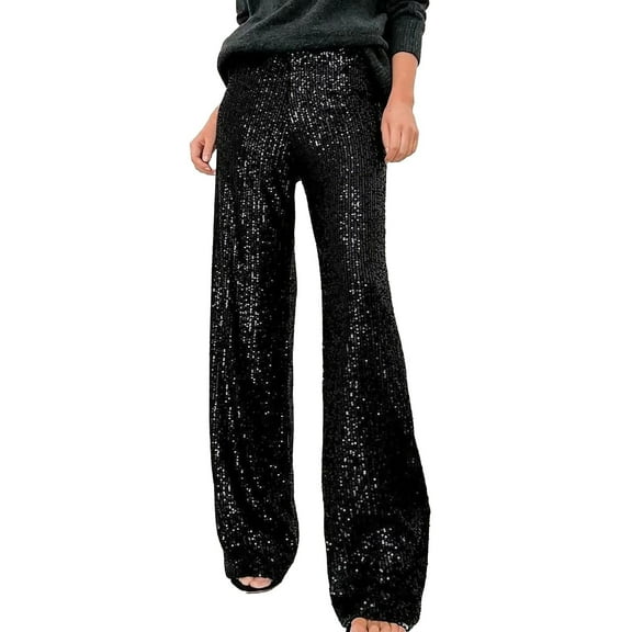 Audhol Sequin Pants for Women Womens Wide Leg Sequin Pants Elastic High Waisted Glitter Dance Pants Elegant Pants for Women Black L