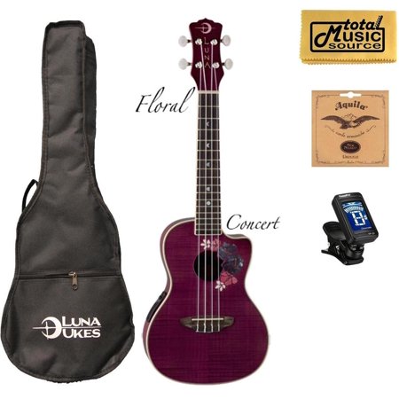 Luna Floral Flamed Maple Concert Ukulele w/Strings,Tuner & PC, UKE FLO COMP