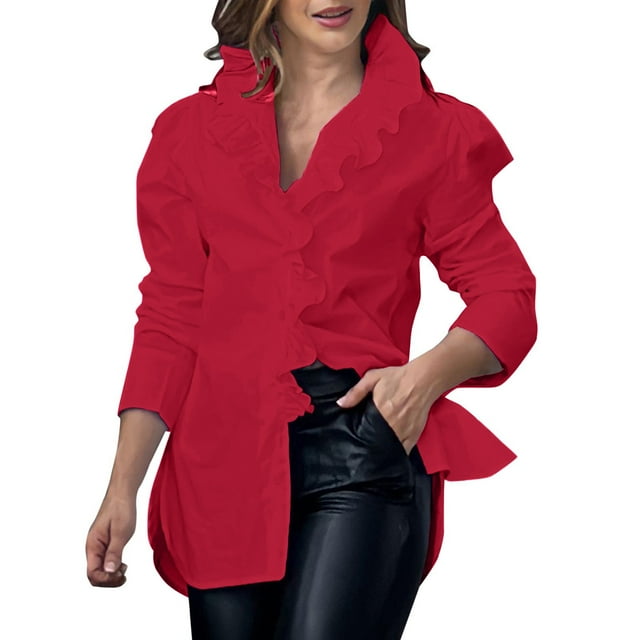 Cathalem Tunique à Manches Longues pour Femmes Chemise Henley à Manches Longues Automne Décontractée Col Rond Tunique, Rouge L