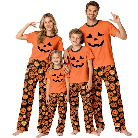 Grblisyd Halloween Family Matching Pajamas Sets Pumpkin Print Short Sleeve Top & Pants Two Piece Set Sleepwear Pjs