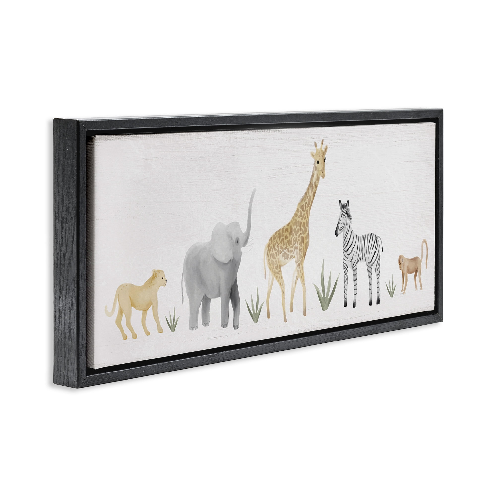 Stupell Industries Adorable Jungle Animals Wildlife Animals & Insects Painting Black Floater Framed Canvas Art Print Wall Art, 25 x 11
