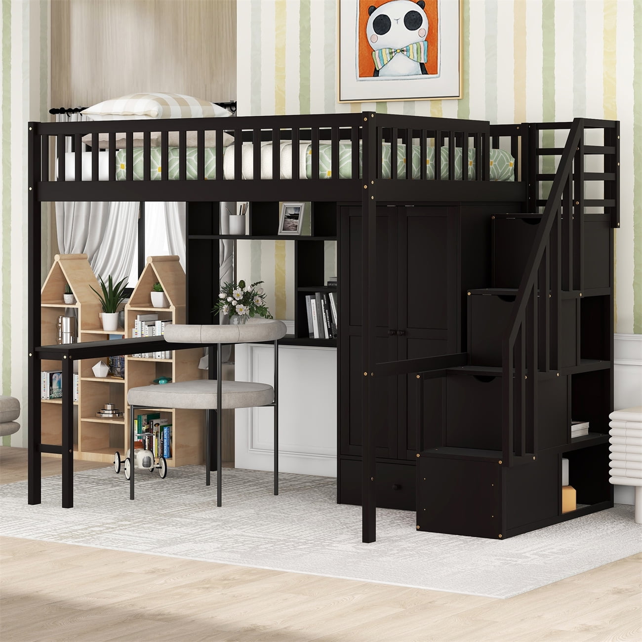 Full Size Loft Bed with Bookshelf and Drawers, Solid Wood Bed Frame ...