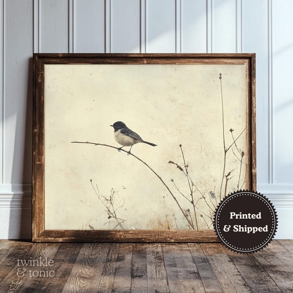Bird On Branch Art Print Moody Neutral Wall Decor Vintage Cottagecore Poster Rustic Landscape Scene UNFRAMED Poster, 8x12