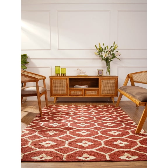 Rugsotic Carpets Hand Knotted Sumak Jute Eco-Friendly 4'x6' Area Rugs Rectangle Red Beige Floral High Pile Natural Fiber Outdoor Indoor Handmade Rug for Living Room, Bedroom J00076
