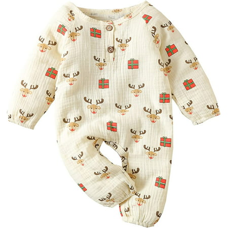 

QWZNDZGR Newborn Infant Baby Girls Christmas Jumpsuit Gift Box Romper Long Sleeve Toddler Clothes 0-18M